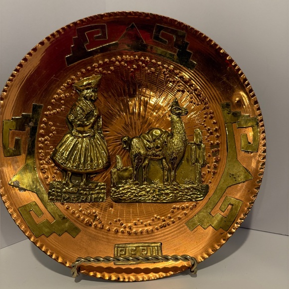 Decorative Copper and Gold Plate with Peruvian Design - Picture 1 of 4